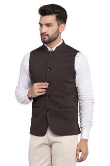 Brown plain polycotton bandhgala-suit