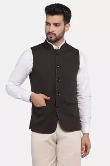 Brown plain polycotton bandhgala-suit