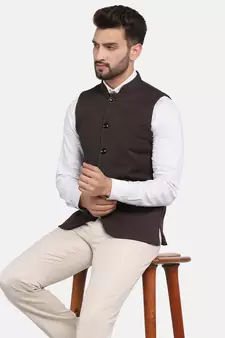 Brown plain polycotton bandhgala-suit