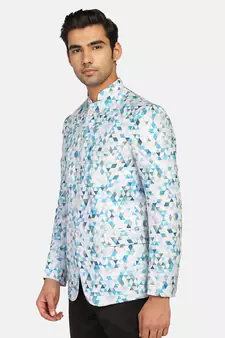 White printed polycotton bandhgala-suit