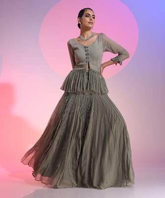 Grey Sequin And Beadwork Skirt Set 1