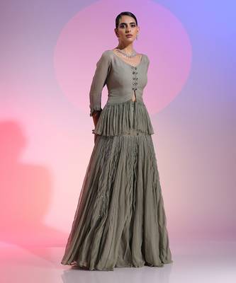 Grey Sequin And Beadwork Skirt Set 2