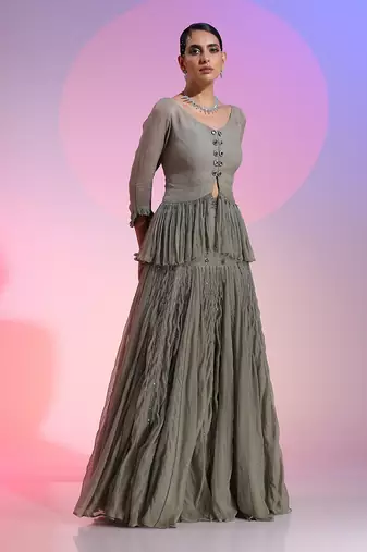 Grey Sequin And Beadwork Skirt Set