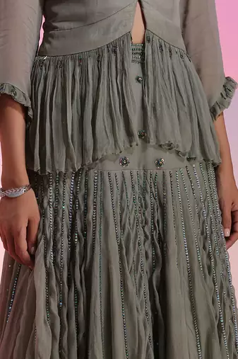Grey Sequin And Beadwork Skirt Set