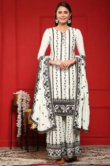 White Embroidered Faux Georgette Salwar Up To 42" Size