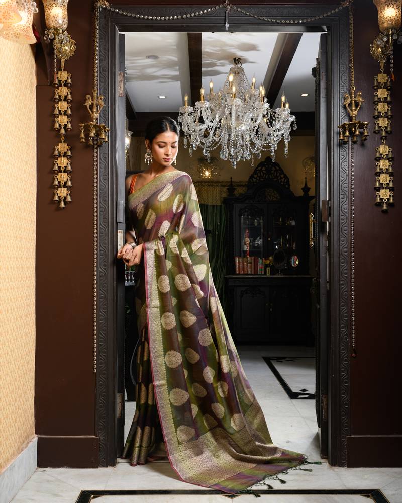 Dark Green And Purple Semi Muga Weaving Saree