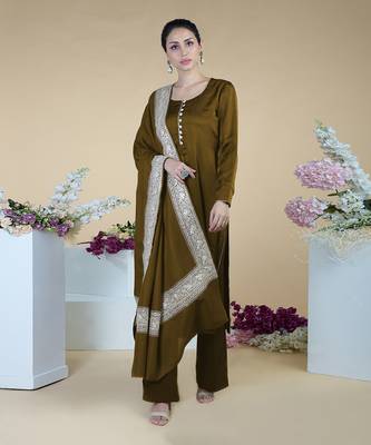 Burnt Olive Kashmiri Tilla Embroidered Pure Silk Shawl With Suit 1