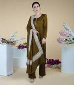 Burnt Olive Kashmiri Tilla Embroidered Pure Silk Shawl With Suit