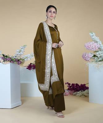 Burnt Olive Kashmiri Tilla Embroidered Pure Silk Shawl With Suit 2