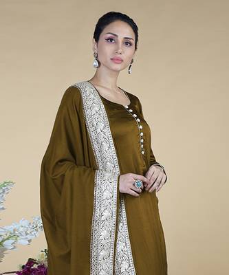 Burnt Olive Kashmiri Tilla Embroidered Pure Silk Shawl With Suit 3