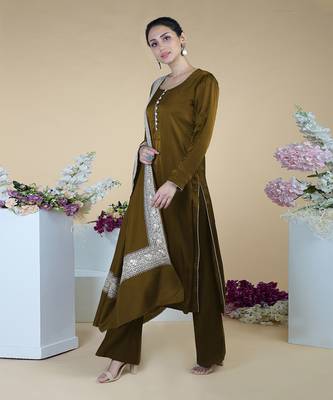 Burnt Olive Kashmiri Tilla Embroidered Pure Silk Shawl With Suit 4