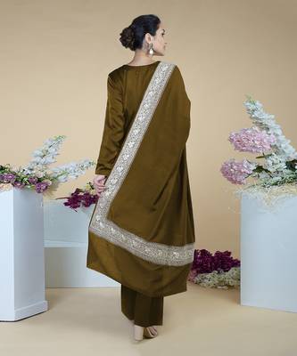 Burnt Olive Kashmiri Tilla Embroidered Pure Silk Shawl With Suit 5