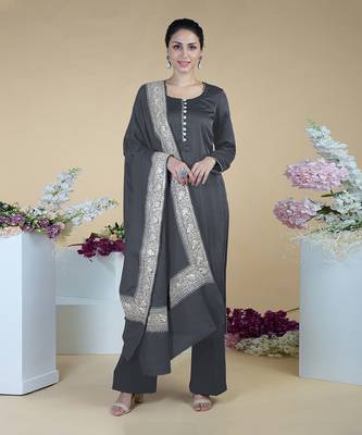 Grey Kashmiri Tilla Embroidered Pure Silk Shawl With Suit 1