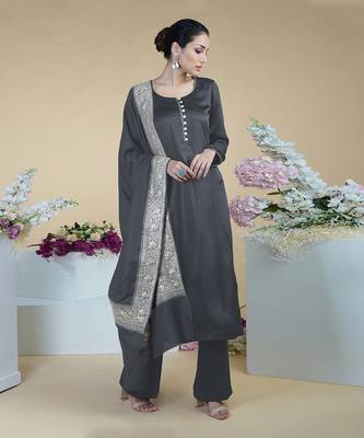 Grey Kashmiri Tilla Embroidered Pure Silk Shawl With Suit 2