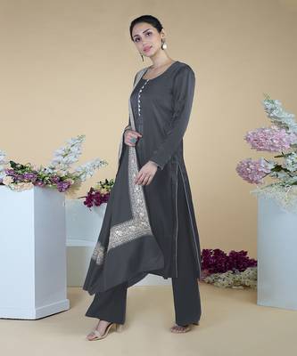 Grey Kashmiri Tilla Embroidered Pure Silk Shawl With Suit 3