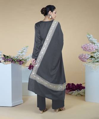 Grey Kashmiri Tilla Embroidered Pure Silk Shawl With Suit 4