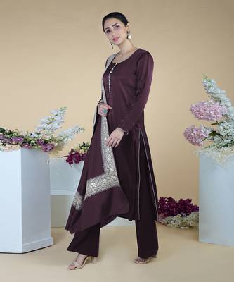 Royal Purple Kashmiri Tilla Embroidered Pure Silk Shawl With Suit 2