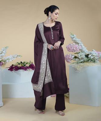 Royal Purple Kashmiri Tilla Embroidered Pure Silk Shawl With Suit 1