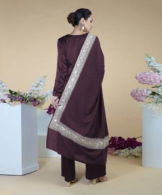 Royal Purple Kashmiri Tilla Embroidered Pure Silk Shawl With Suit 3