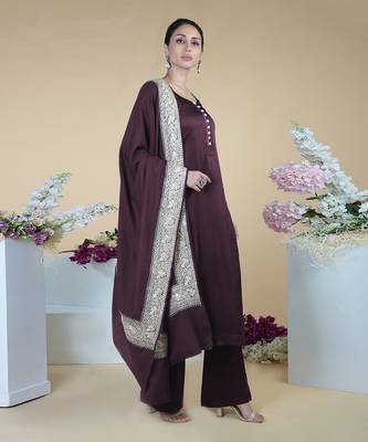 Royal Purple Kashmiri Tilla Embroidered Pure Silk Shawl With Suit 5