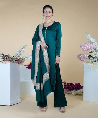 Teal Kashmiri Tilla Embroidered Pure Silk Shawl With Suit 1
