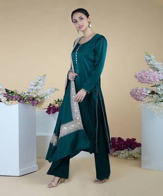 Teal Kashmiri Tilla Embroidered Pure Silk Shawl With Suit 2