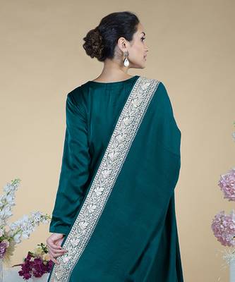 Teal Kashmiri Tilla Embroidered Pure Silk Shawl With Suit 3