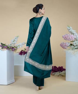 Teal Kashmiri Tilla Embroidered Pure Silk Shawl With Suit 4