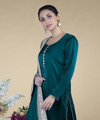 Teal Kashmiri Tilla Embroidered Pure Silk Shawl With Suit 5