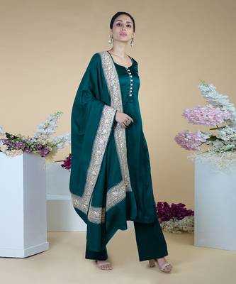 Teal Kashmiri Tilla Embroidered Pure Silk Shawl With Suit 6