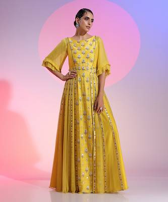 Sequin And Beaded Layered Yellow Gown 1