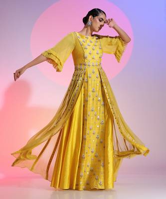 Sequin And Beaded Layered Yellow Gown 2