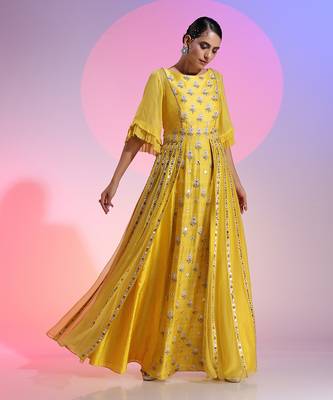 Sequin And Beaded Layered Yellow Gown 3
