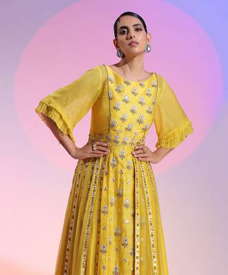 Sequin And Beaded Layered Yellow Gown 4