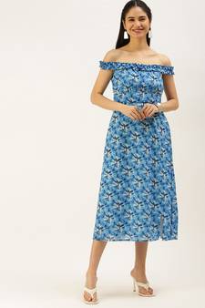 Ethnovogue Ready To Wear Blue Muslin Off Shoulder Dress