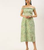 Ethnovogue Ready To Wear Green Muslin Off Shoulder Dress