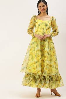 Ethnovogue Ready To Wear Yellow Printed organza Maxi Dress