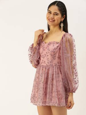 Ethnovogue Ready To Wear Pink Foil Printed Net Dress 3