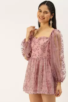 Ethnovogue Ready To Wear Pink Foil Printed Net Dress