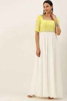 Ethnovogue Ready To Wear Yellow Embroidered N White Floor Length Gown