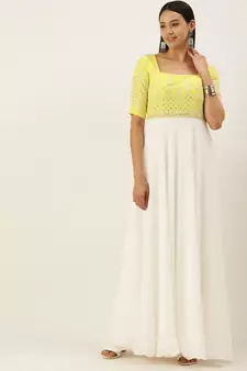 Ethnovogue Ready To Wear Yellow Embroidered N White Floor Length Gown
