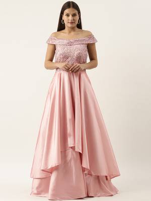 Ethnovogue Ready To Wear Dark Grey N Pink Embroidered Off Shoulder Gown 1