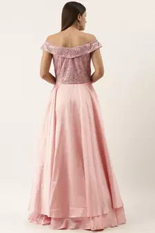Ethnovogue Ready To Wear Dark Grey N Pink Embroidered Off Shoulder Gown