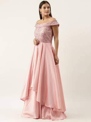 Ethnovogue Ready To Wear Dark Grey N Pink Embroidered Off Shoulder Gown 3