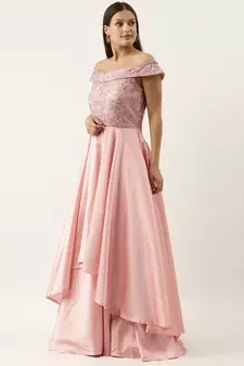 Ethnovogue Ready To Wear Dark Grey N Pink Embroidered Off Shoulder Gown