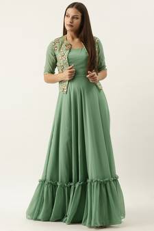 Ethnovogue Ready To Wear Beige Net N Green Jacket Style Gown