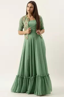 Ethnovogue Ready To Wear Beige Net N Green Jacket Style Gown