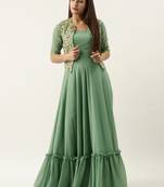 Ethnovogue Ready To Wear Beige Net N Green Jacket Style Gown