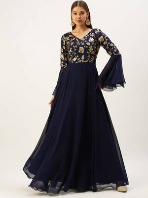 Ethnovogue Ready To Wear Blue Bell Sleeves Embroidered Gown 1