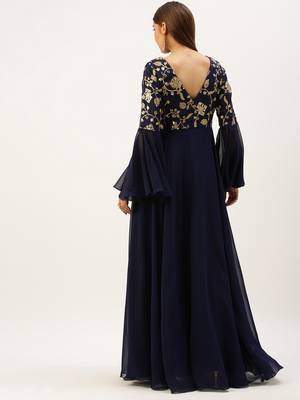 Ethnovogue Ready To Wear Blue Bell Sleeves Embroidered Gown 2